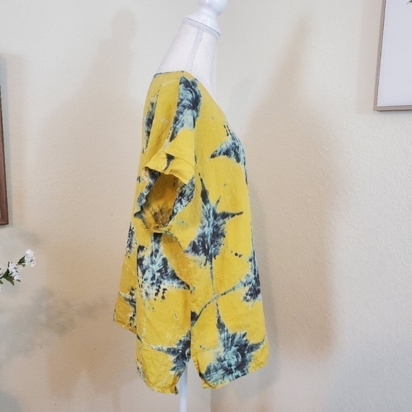Bellambia Size Small Linen Boxy Fit Blouse Top Italy Made Yellow Blue Boho - Picture 2 of 7